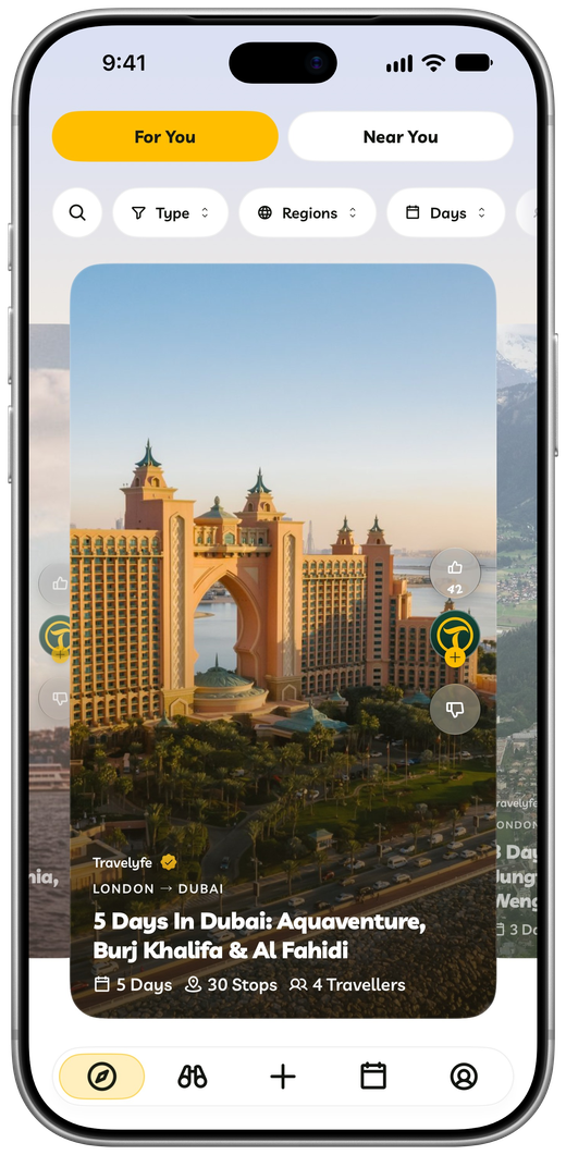 Travelyfe's Explore tab, showing curated multi-day itineraries with photography.
