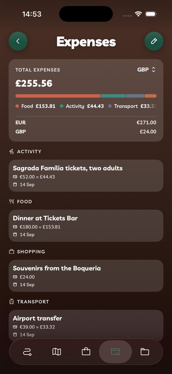 Trip expenses logged per currency with a converted running total.
