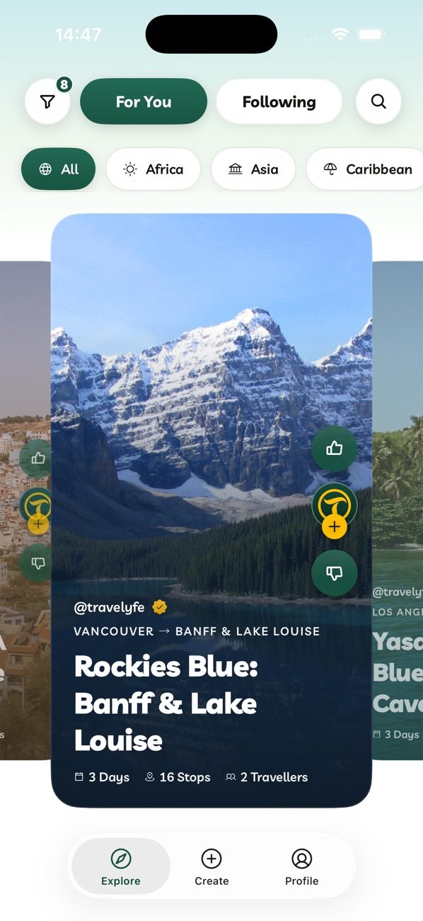 Travelyfe's Explore tab, showing curated multi-day itineraries with photography.