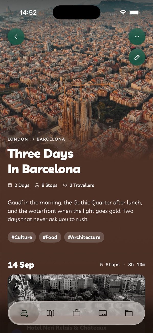 A three-day Barcelona itinerary in Travelyfe, each stop under its day with start times.