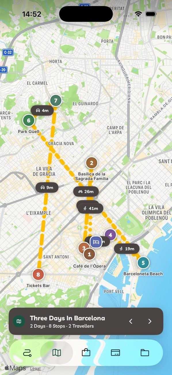 Travelyfe's map view: numbered Barcelona stops joined by a route, with travel times.
