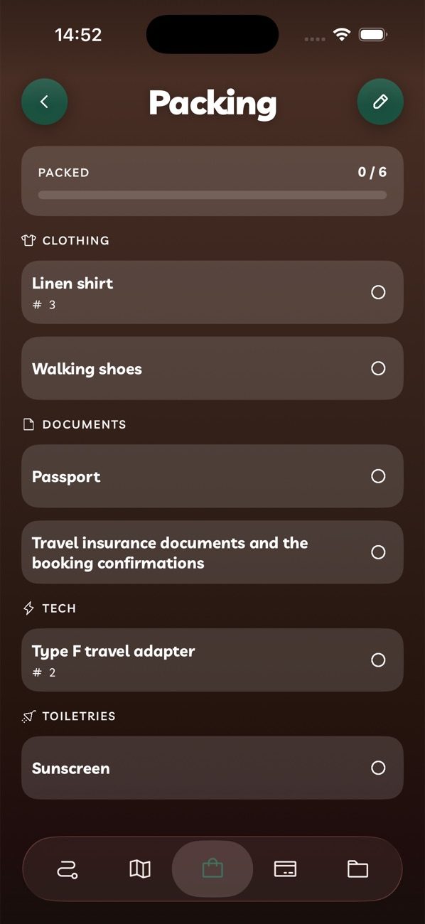 A per-trip packing checklist in Travelyfe.